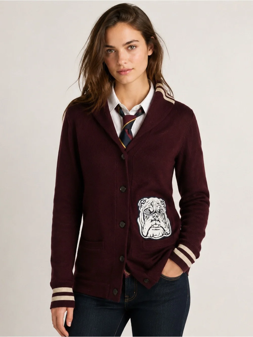 Vintage Rugby Ralph Lauren Cardigan Varsity Letterman Bulldog Patch Sweater S
